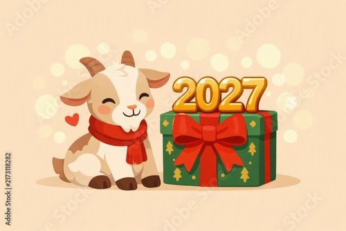 Adorable goat sitting beside a wrapped present with 2027 numbers for new year holiday card and festive poster