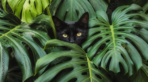 Black cat peeking through lush green monstera leaves, a beautiful and mysterious feline companion in its natural habitat, captivating yellow eyes observing the surroundings