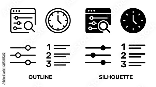 Canvastavla Outline and Silhouette Icons: A set of icons showcasing both outline and silhouette styles for interface elements, including a search magnifying glass, a clock, and a numbered list