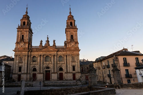 Historic Cathedral of Santa Maria at sunset in Lugo Galicia Spain