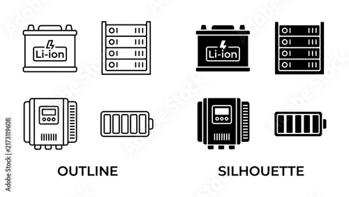 Lithium-ion Battery and Power Storage Icons: A set of outline and silhouette icons depicting a lithium-ion battery, server rack, inverter, and battery level indicator.
