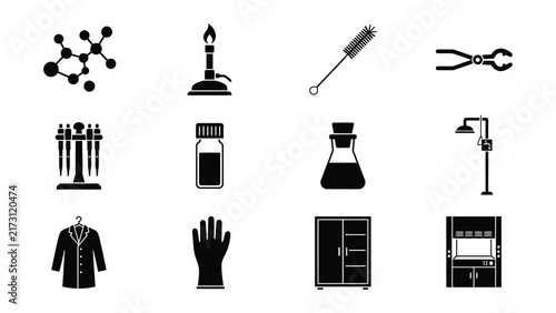 Принти на полотні Black and White Icons Representing Various Science and Laboratory Equipment