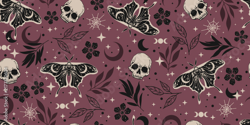 Halloween seamless pattern. Dark gothic vector texture with skulls, death's head moths, spider webs and crescent moon.