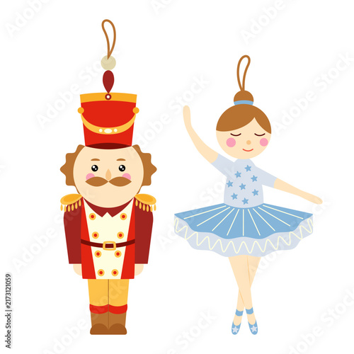 Vector illustration of a pair of vintage Christmas ornaments: a toy soldier and a ballerina on a white background.