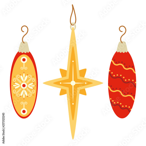 Set of vintage Christmas tree ornaments. Flat style vector illustration for holiday decor design.