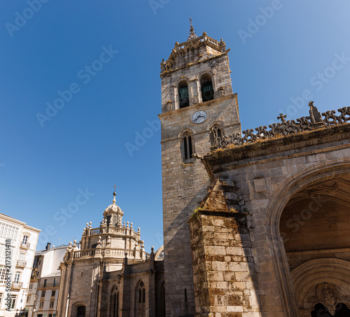 North portal of Lugo Cathedral with view of the dome and bell tower