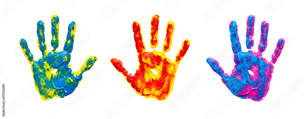 Fototapeta premium Colorful Painted Handprints Isolated on Transparent Background, Vibrant Messy Acrylic Paint Hands, Creative Art Concept Graphic Element