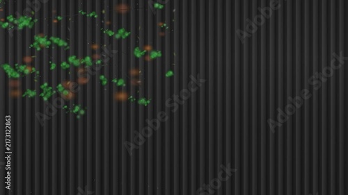 Abstract digital data particles on black ribbed background. Green and orange glowing pixels moving over dark textured surface. High tech motion graphics.