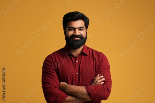 Portrait of a confident young man with a thick beard wearing a maroon shirt against yellow wall