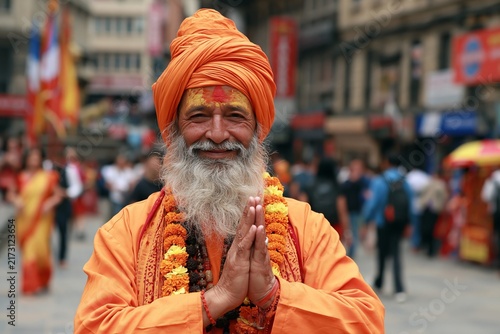 Smiling hindu sadhu with orange turban and marigold garland greeting with hands in prayer pose