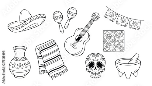 Mexican cultural elements as a hand drawn doodle vector set for graphic design templates