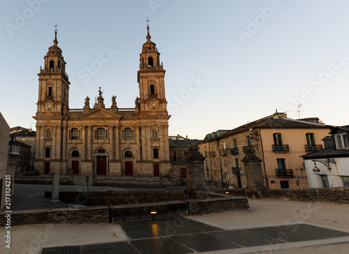 Historic Cathedral of Santa Maria at sunset in Lugo Galicia Spain
