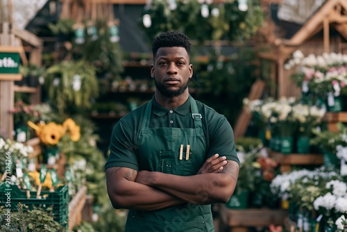 Young man working as a florist with arms crossed standing in a lush garden center plant nursery