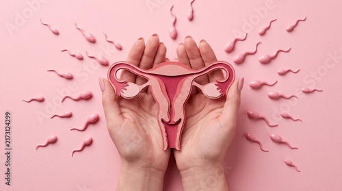 Woman hands holding uterus model with sperm for fertility concept