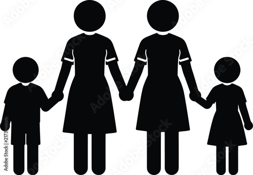 Lesbian family silhouette, same sex parents with children vector icon
