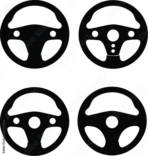Steering wheel vector icons, car steering wheel silhouettes, auto parts set