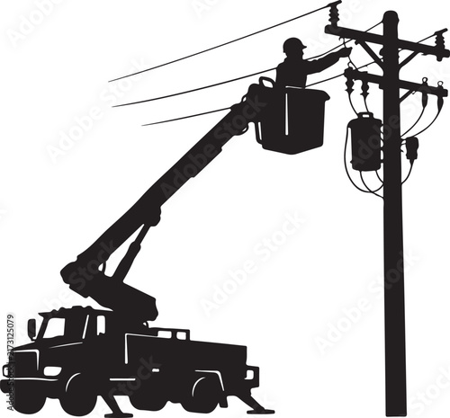 A utility worker in a bucket truck performing maintenance on power line poles silhouette vector