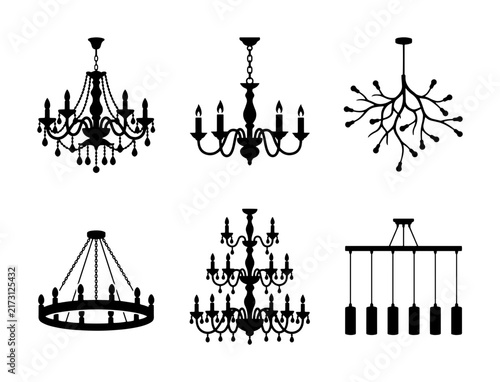 Obraz na płótnie 70 Set of six black chandelier silhouettes, classic and modern lighting fixtures
