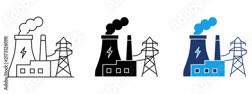Power plant icon set with cooling tower, smoke, and high voltage transmission tower. Symbol of electricity generation, thermal power station, energy grid, industrial factory, nuclear power, and utilit