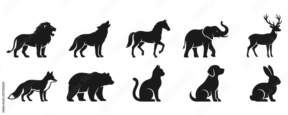 Fototapeta premium Ten diverse wild and domestic animal silhouettes for design projects