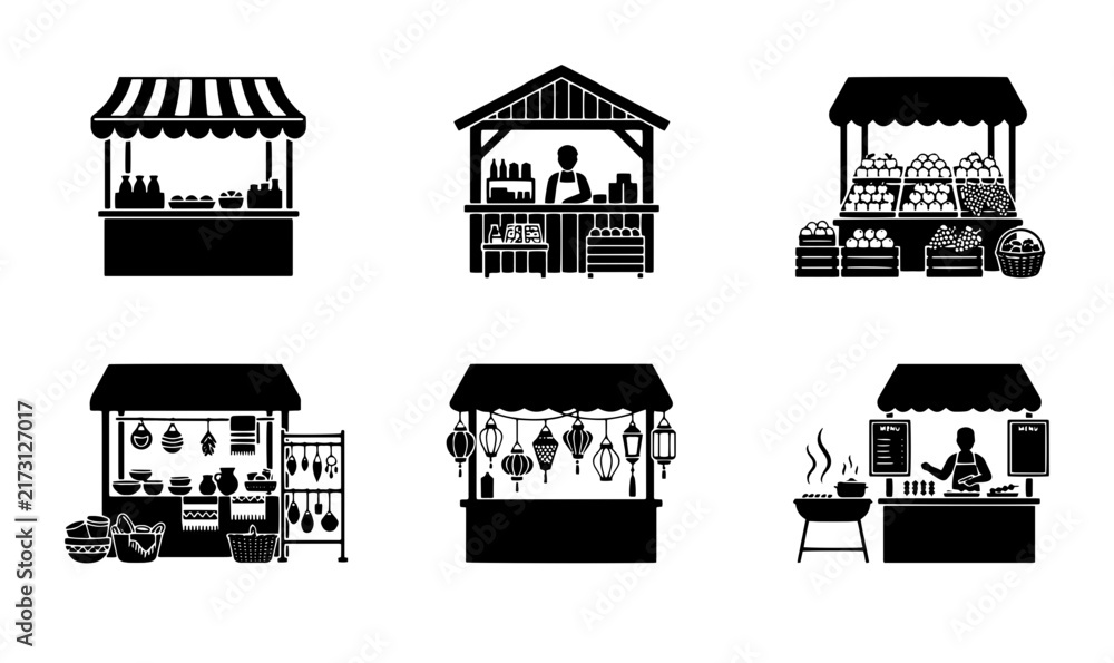 Fototapeta premium 70 Market Stall Icons, Food Stand Graphics, Vendor Booth Illustrations, Outdoor Kiosk Vector Set 100