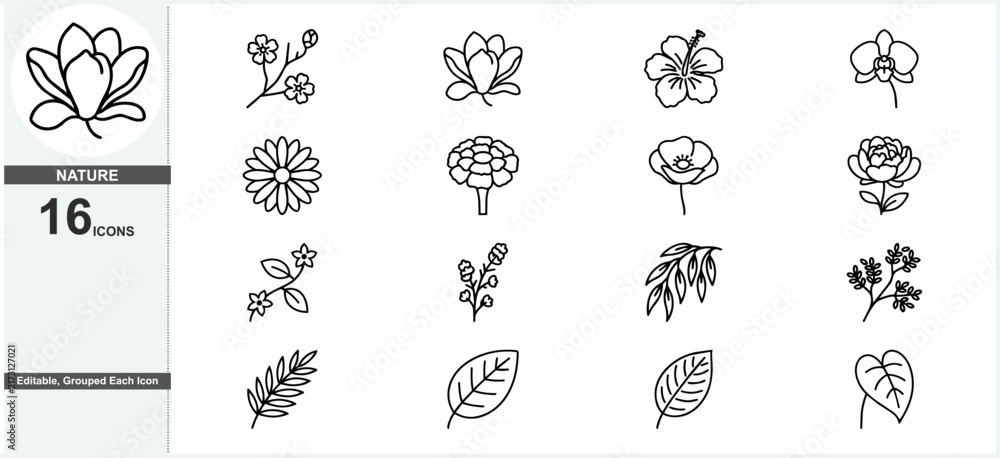 Fototapeta premium Minimalist flower line icons set, botanical nature vector elements, simple floral outline symbols for branding and web design ,Clean grouped each Icon