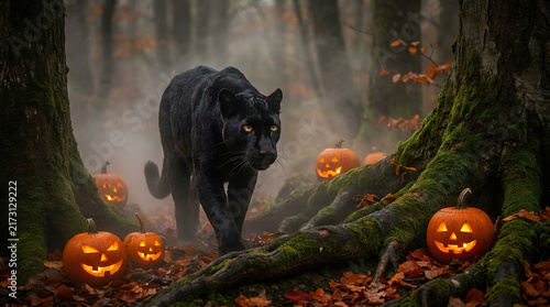 Menacing black panther walking through a misty Halloween forest surrounded by glowing jack-o-lanterns, twisted roots, and eerie autumn foliage.