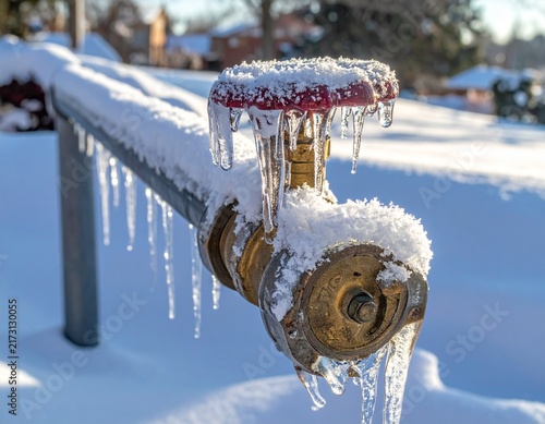 Snow and icicles on an exposed metal pipe in cold winter weather