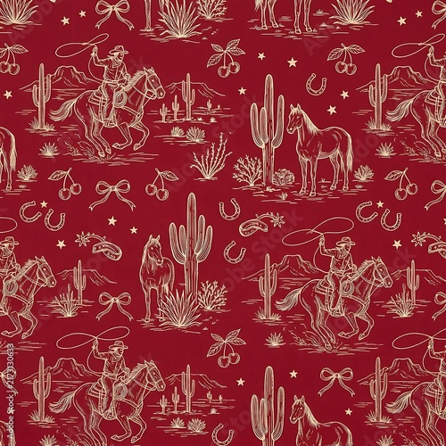 Western cowboy pattern with horses, cacti, and cherries on a red background