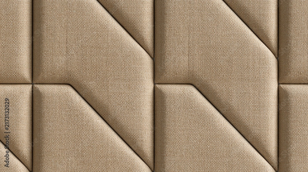 Naklejka premium Beige soft padded geometric upholstered wall panel with stitched padded triangle pattern, modern interior textured fabric decor abstract background