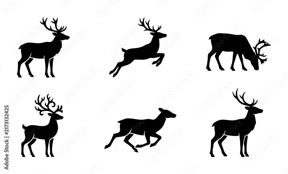 Fototapeta premium 70 Reindeer Silhouette Collection, Six Diverse Poses, Vector Icons for Festive Design and Wildlife Graphics 100