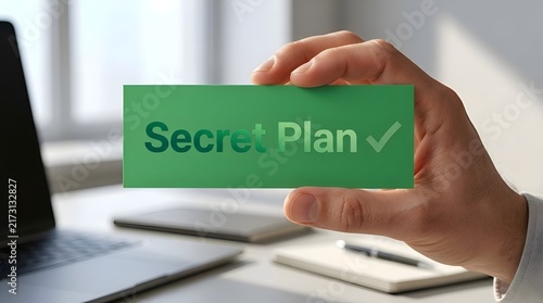 Hand Holding Green Secret Plan Card with Check Mark, Confidential Project Strategy, Business Planning, Approval and Successful Decision Concept