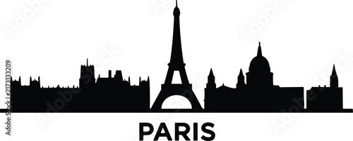 Paris city skyline black and white silhouette vector illustration featuring famous architecture and monuments