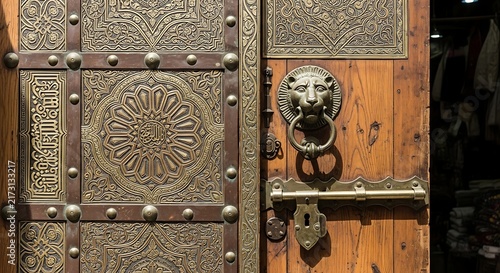 Antique wooden door with brass lion head knocker.