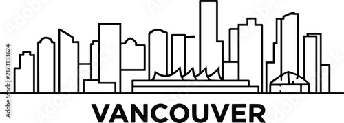 Vancouver city skyline minimalist line art vector illustration featuring famous buildings and typography