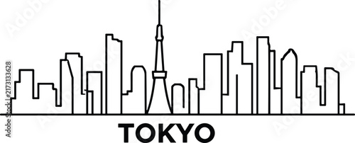 Tokyo city skyline outline vector illustration featuring famous landmarks and text element for design projects