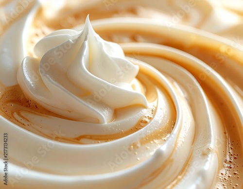 Coffee Cream Swirl Close Up, Whipped Cream on Latte Foam Texture Background