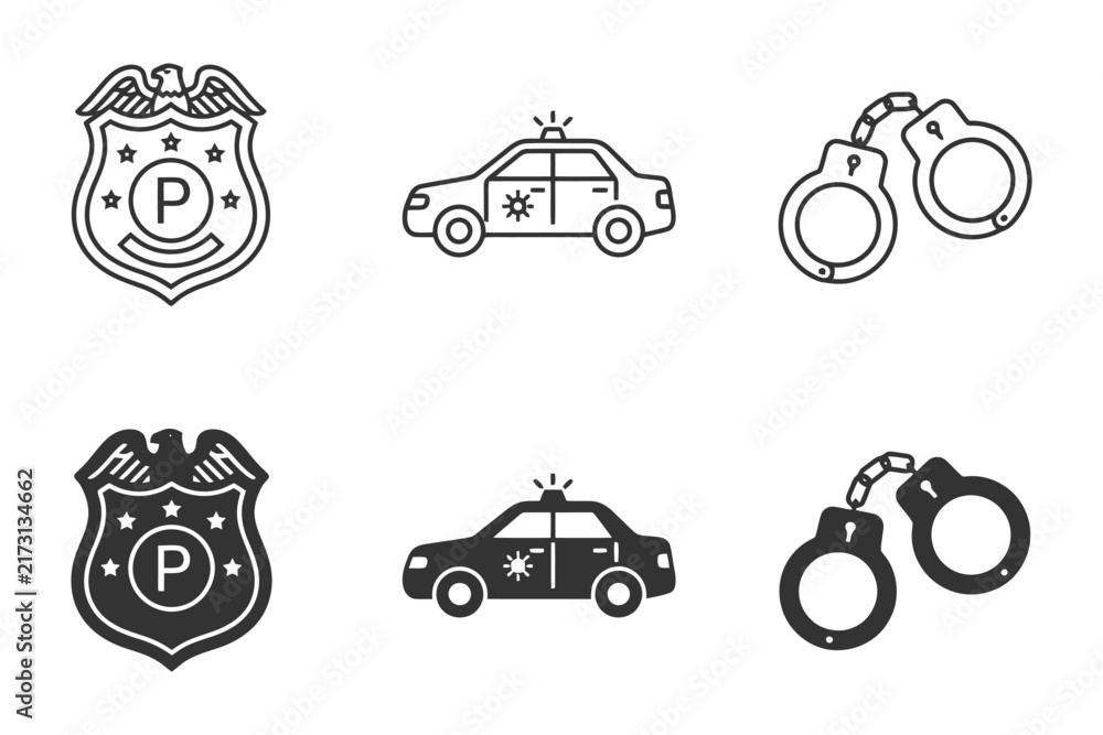 Fototapeta premium Police badge, patrol car, and handcuff icons in monochrome set.