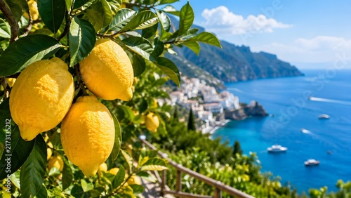 Fresh bright yellow lemons hanging on tree branch with Amalfi coast landscape background
