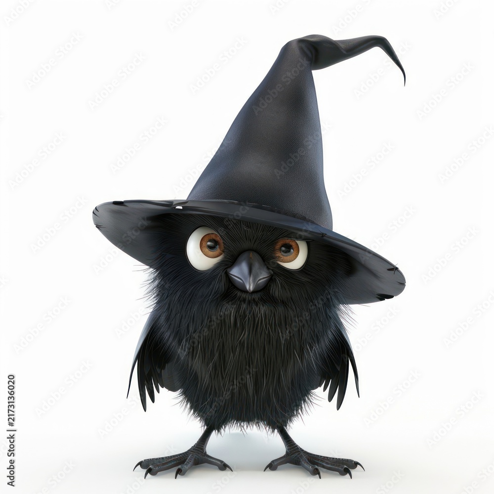 Obraz premium Crow wearing witch hat bird blackbird character.