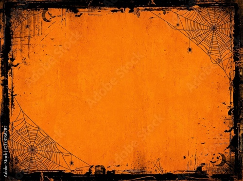 Orange halloween background with spooky spider webs and a rustic dark frame for festive holiday party invitations or greeting card designs
