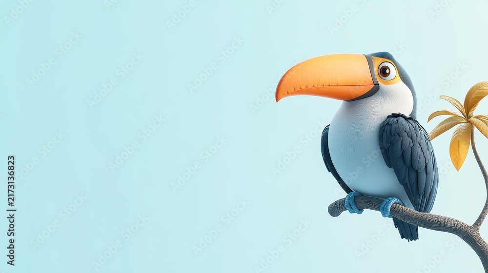 Naklejka premium toucan sitting on a branch with large orange beak. Minimalist light blue background with soft studio lighting.