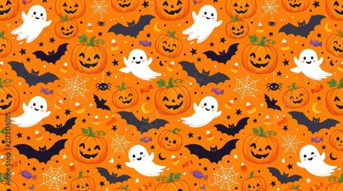 Seamless halloween pattern with cute pumpkins ghosts and bats on an orange background for holiday wrapping paper and festive decorations