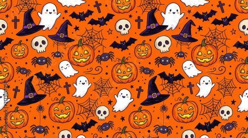 Seamless halloween pattern with cute pumpkins ghosts skulls bats and witch hats on an orange background for holiday party decor
