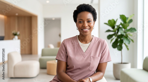 Cheerful female nurse sitting in a modern hospital waiting area perfect for demonstrating compassionate medical care and friendly healthcare environments