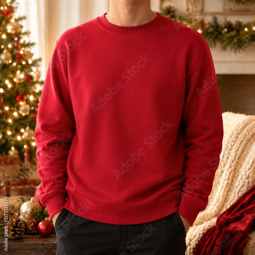 A person wearing a cozy red sweater stands in a festive room with a Christmas tree and holiday decorations.
