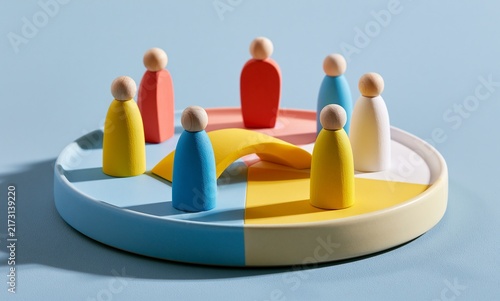 Wooden figures on color chart represent business team strategy and growth