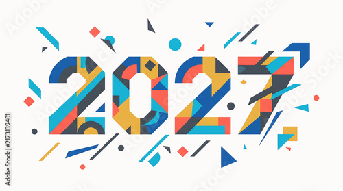 Colorful abstract geometric 2027 new year greeting card design with vibrant shapes and modern artistic patterns