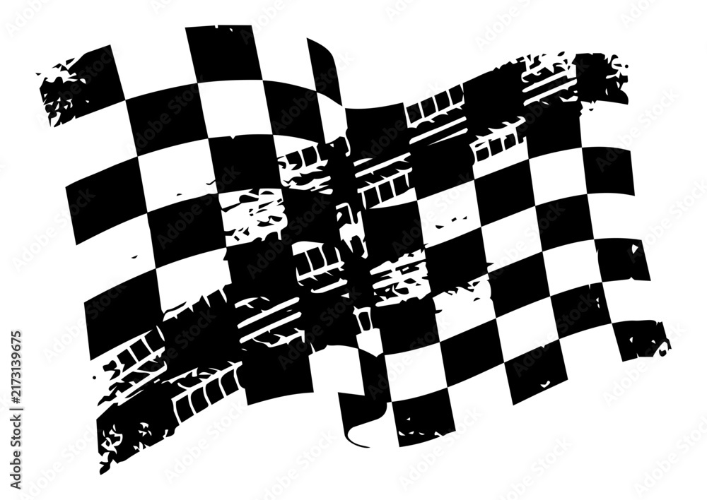Naklejka premium Waving Checkered Finish Flag Vector with Grunge Tire Track Texture for Motorsport Racing