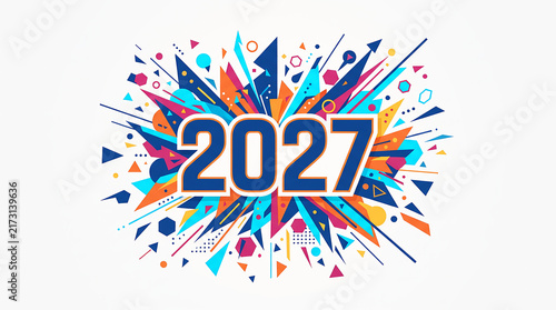 Happy new year 2027 greeting card design with vibrant colorful paint splash and abstract ink explosion background